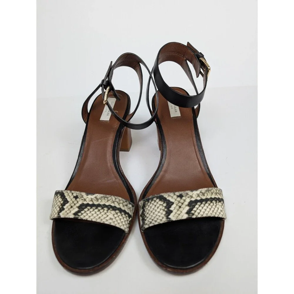 Cole Haan Cambon Mid Sandal Black Snake Embossed Leather Block Heel Size 8.5B